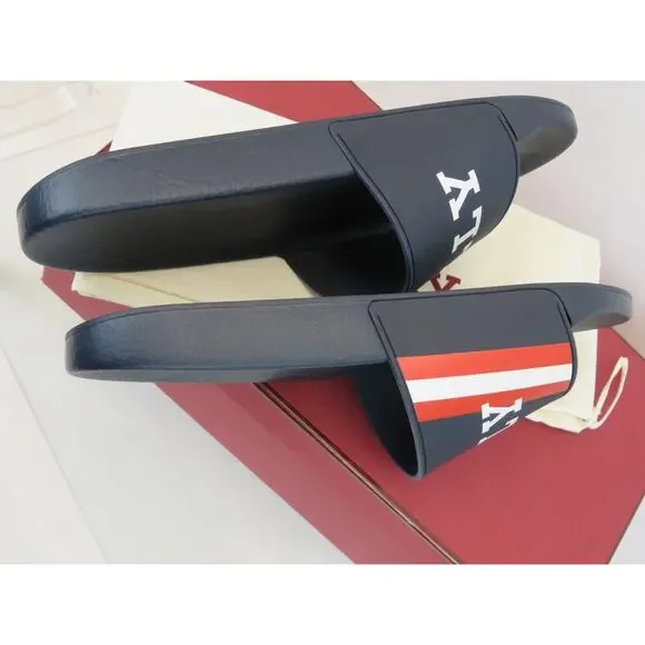NIB BALLY SIMON NAVY INK RUBBER RED WHITE WEB LOGO SANDAL POOL SLIDES 11 D ITALY